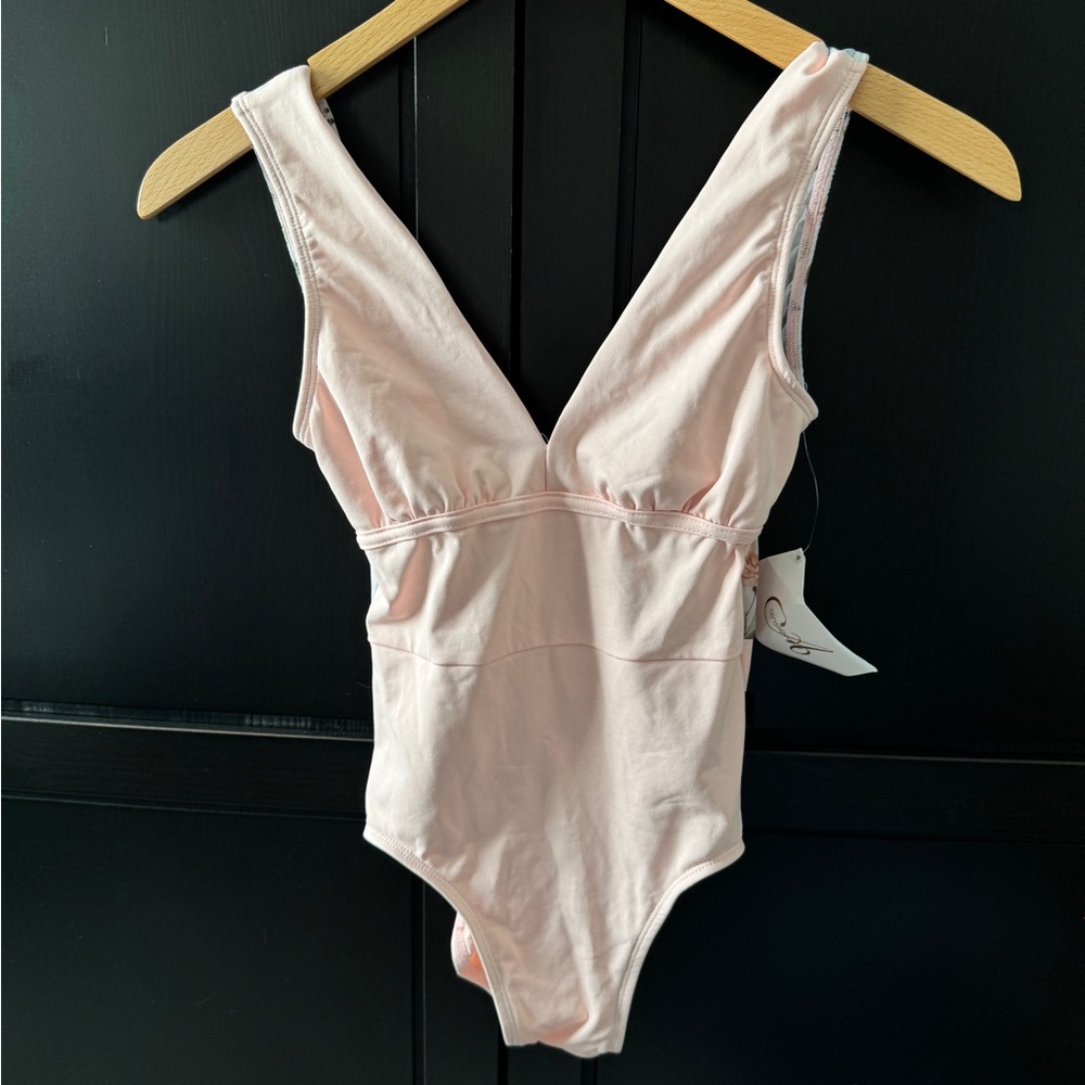 Ainsliewear pale pink/floral mesh leotard, size S